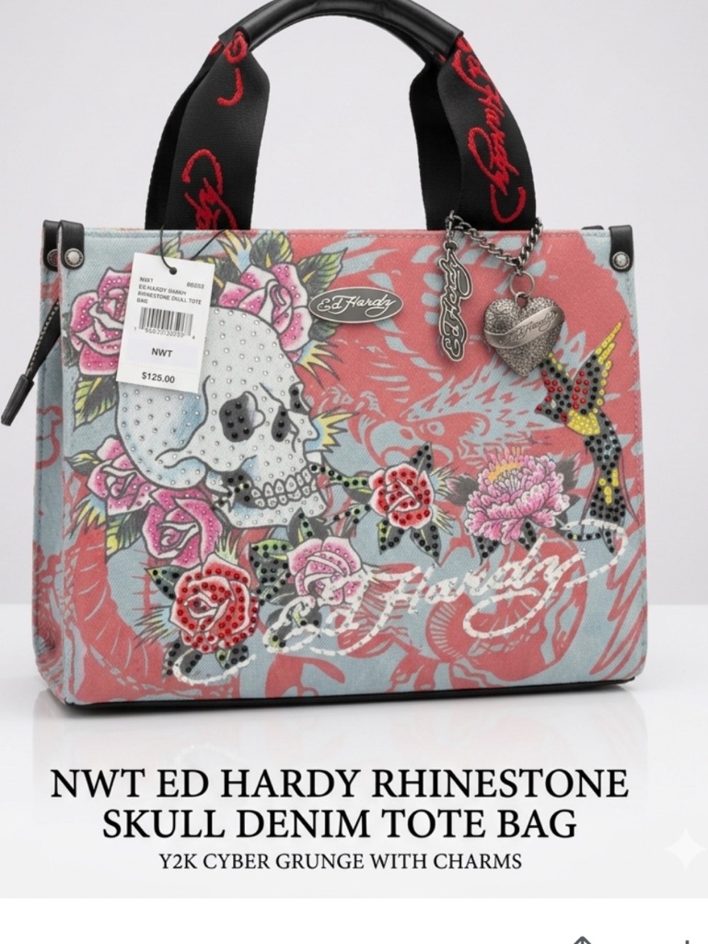 NWT Ed Hardy Rhinestone Skull Denim Tote Bag - Y2K Cyber Grunge w Charms